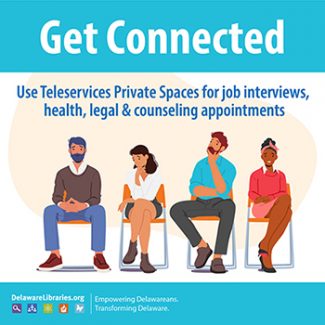Get Connected white Text on Teal Background with multiple people illustration sitting in chairs thinking about using Teleservices at the library